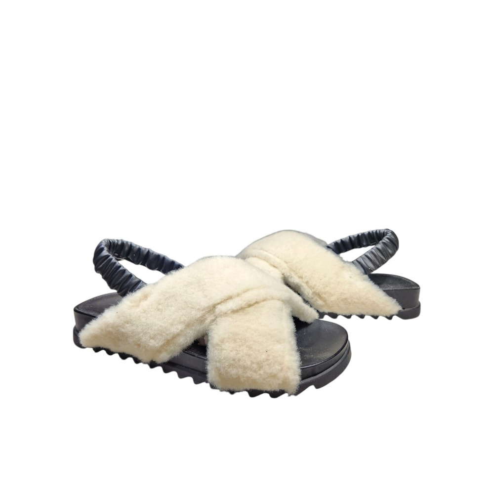 Marc Fisher Faux Fur Criss Cross Slingback Sandals Cozy Cream Black Slide 7.5
